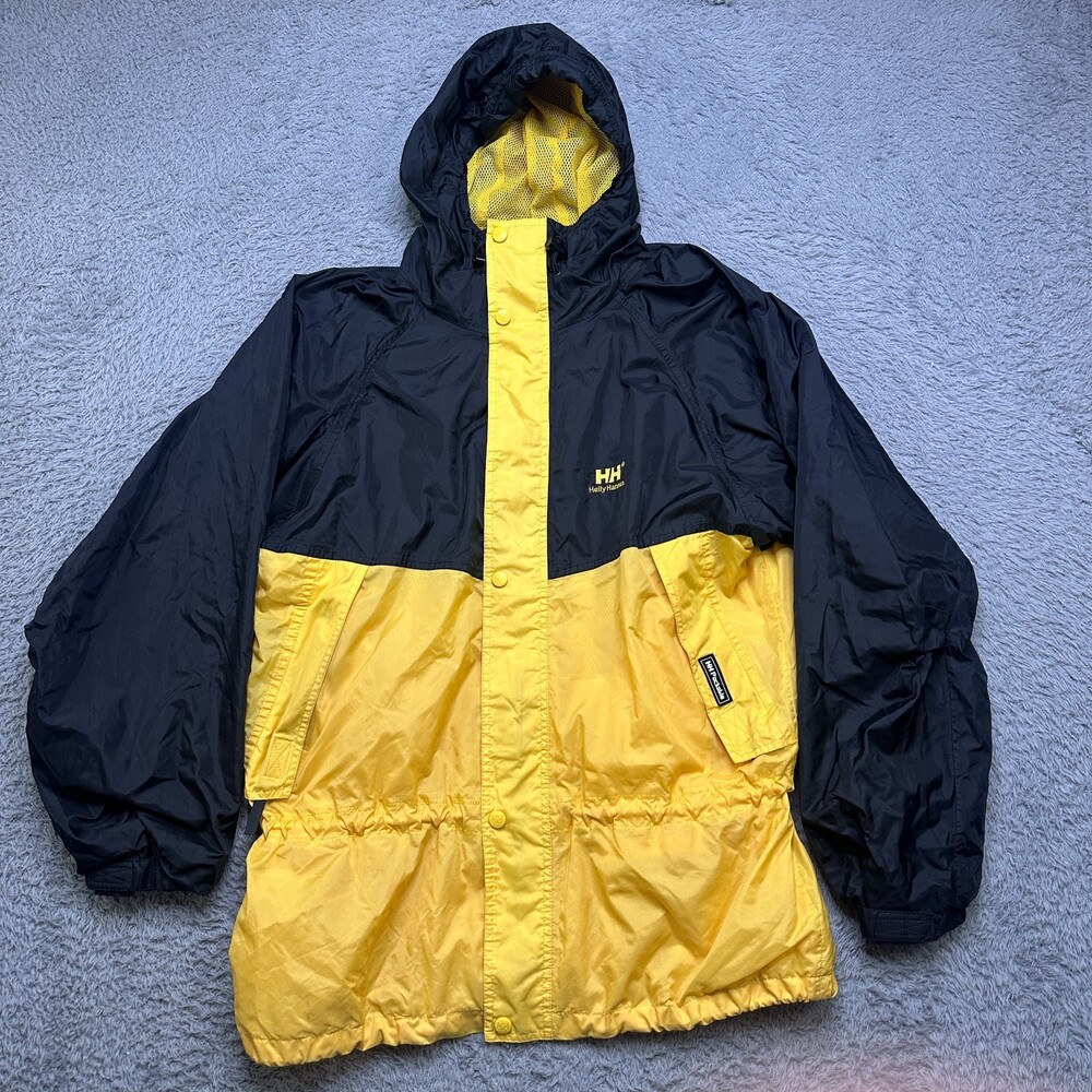 Vintage Helly Hansen Rain Jacket Mens M Yellow Packable Nylon Full Zip Hooded